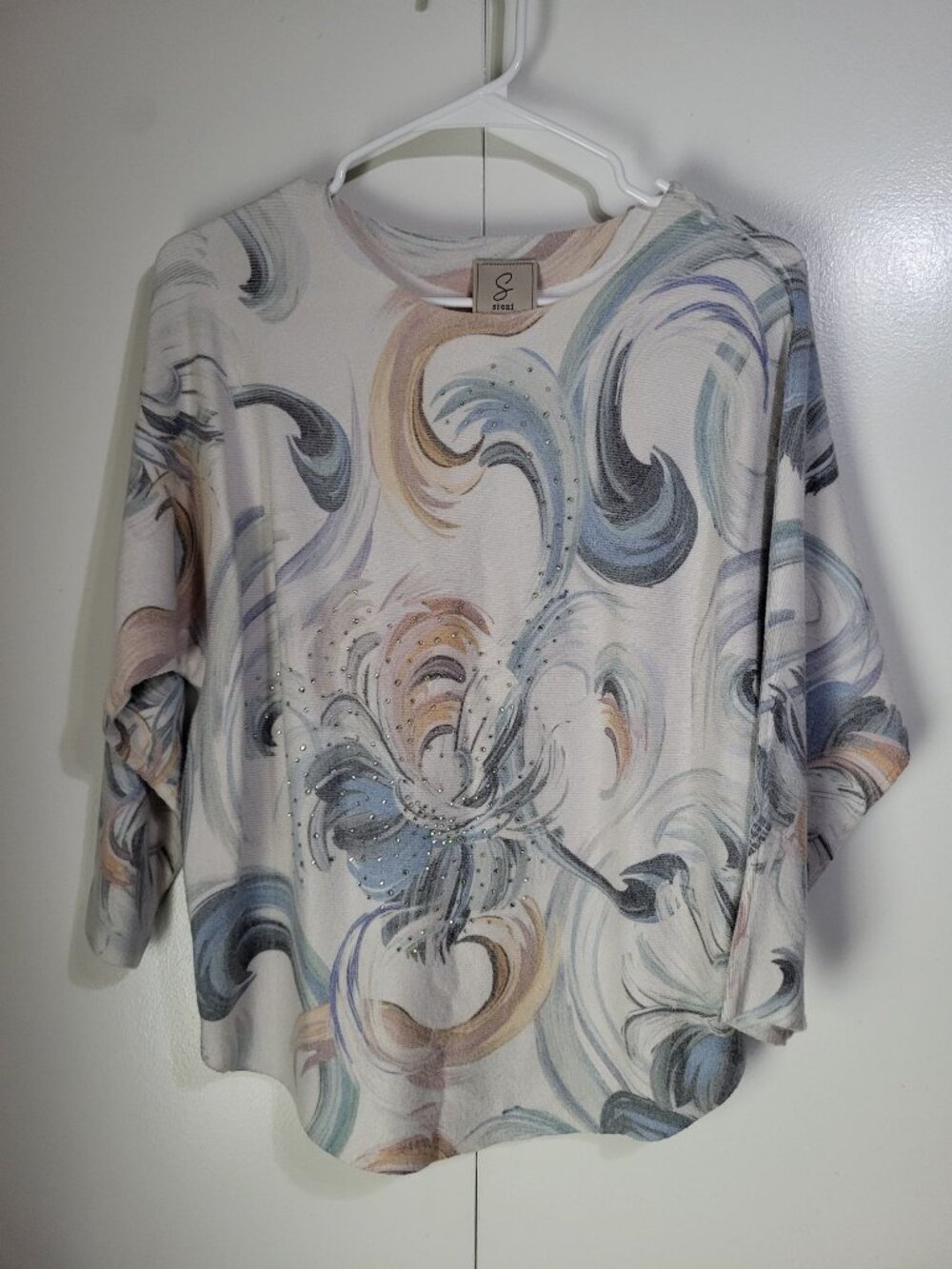 Sioni Womens LG Abstract Artsy Print Long Sleeve Sweater Rhinestone Pastel Swirl